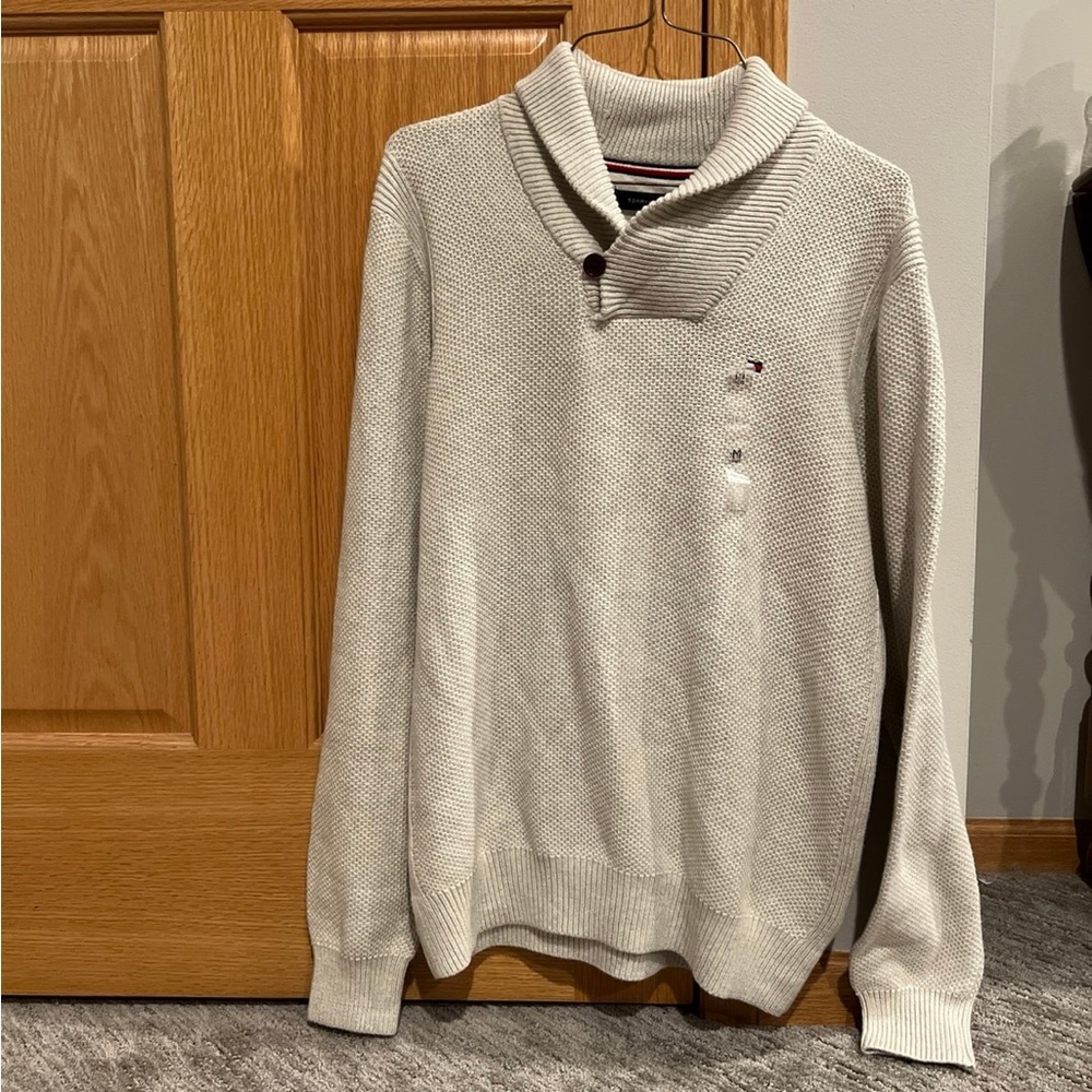 Tommy Hilfiger Portland Shawl Collar Sweater Heathered Gray/Cream size M NWT